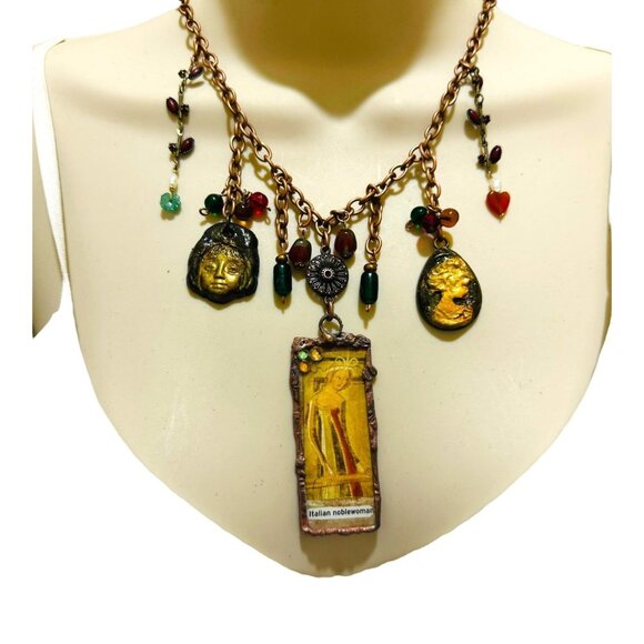 Tiny Art Glass Canvas Glass Pendant Copper Necklace 14th Cen. Italian Noblewoman - Picture 9 of 11